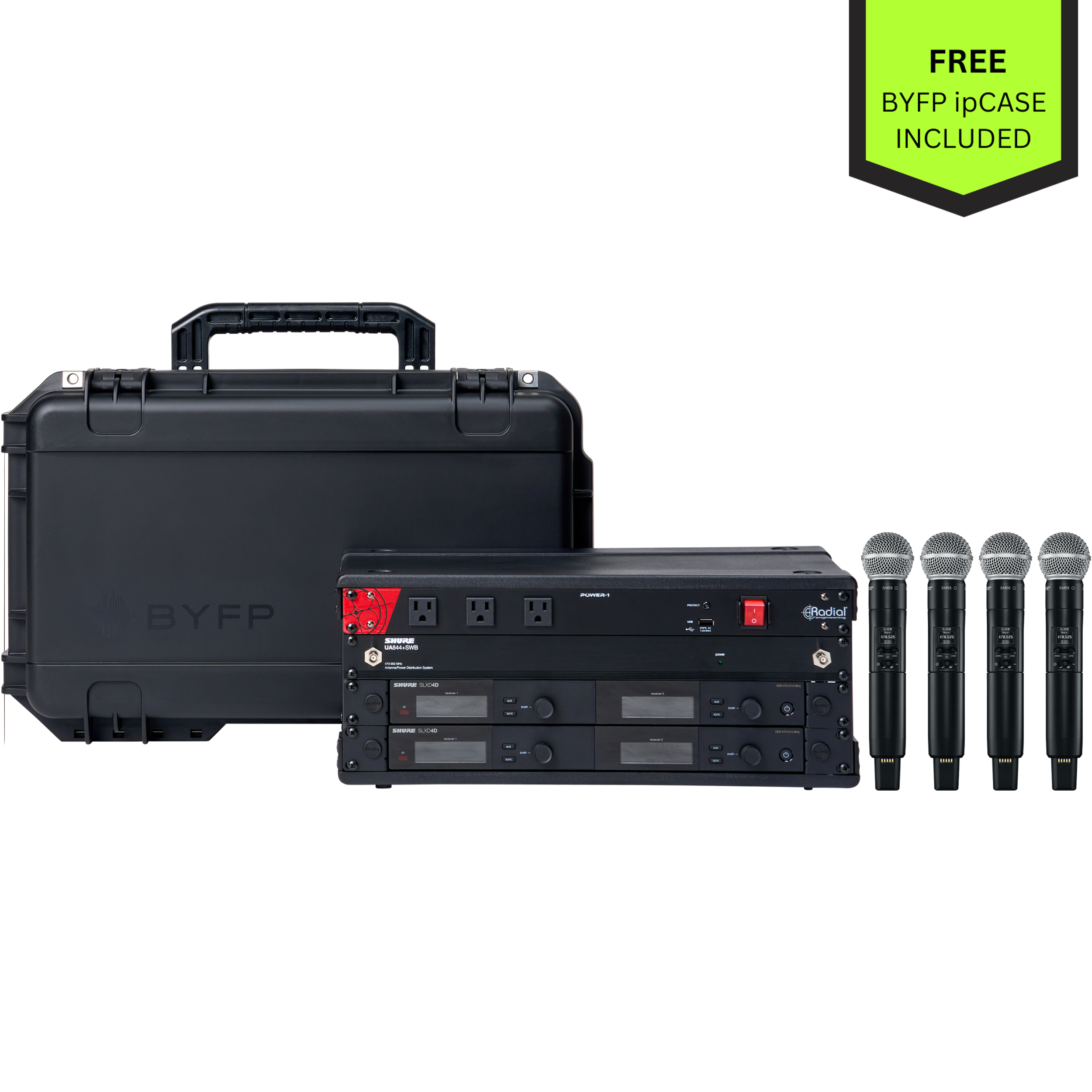 Shure SLX-D Quad Channel Wireless Microphone System with SM58 Handheld Transmitters and BYFP ipCase
